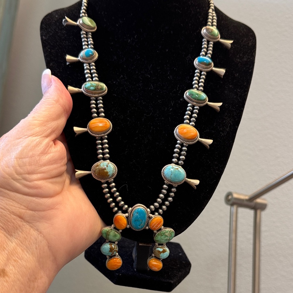 Sterling Silver Multi-Stone Squash Blossom Necklace in Turquoise & Orange